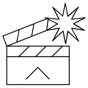 3d icon of a simple line art illustration of a clapperboard with a starburst emanating from the top, symbolizing action or a great take in filmmaking