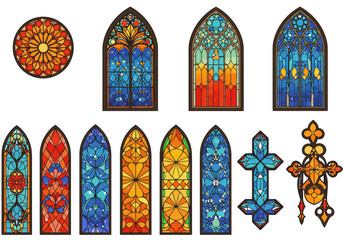 Stained glass windowscrosses in various designs and colors on white background