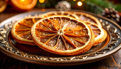 Dried orange slices on ornate plate, festive setting