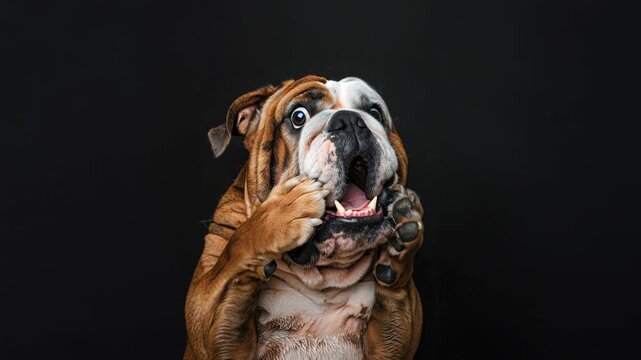 Goofy pup with tongue out and huge eyes in a sleek studio setup, delivering joyful energy and lovable chaos for playful campaigns, app onboarding, or fun brand storytelling