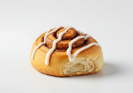Freshly baked cinnamon roll with icing on white background