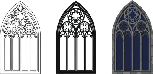 Gothic window tracery variations including line art silhouette and color rendering architectural design element