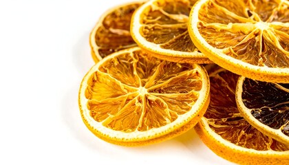 Dried orange slices stacked on white background