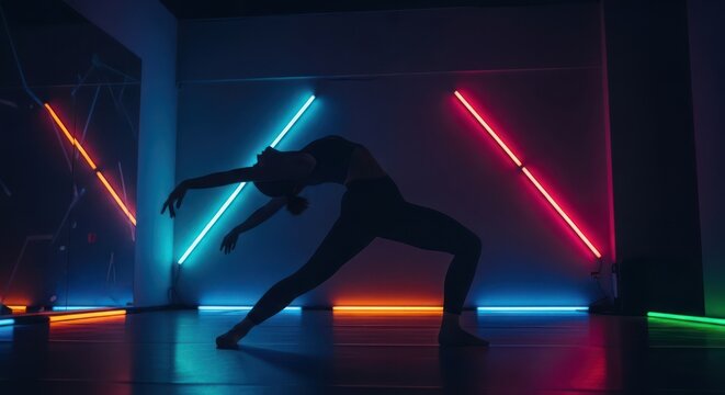 Silhouette dancer gracefully moves in neon light art studio, expressing fluidity