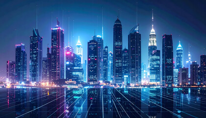 A futuristic cityscape shining pale blue with lights