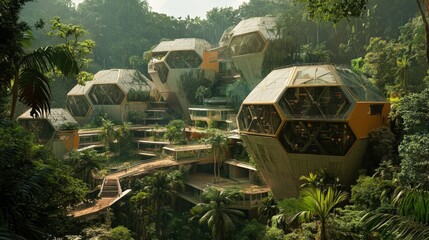 Far perspective, large children rehabilitation building, polygon building shape, large buildings connected together, jungle