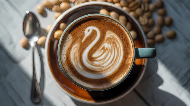 Overhead view of a coffee cup with swan latte art and coffee beans scattered around