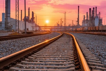 Fototapeta premium Sunset Industrial Factory Railway Infrastructure Urban Landscape Manufacturing Production Energy Power Plant Smoke Emissions Transportation Logistics 