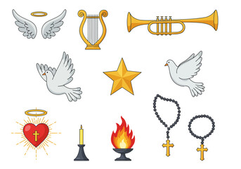 Variety of religious icons wings harp trumpet doves star sacred heart candles rosaries fire