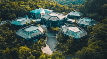 Far perspective, large children rehabilitation building, polygon building shape, large buildings connected together, jungle