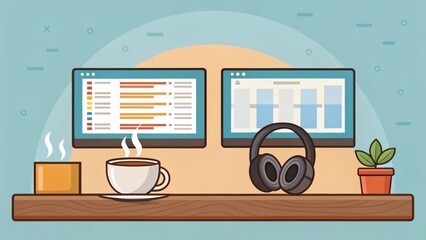 A cozy workspace featuring two monitors, a steaming cup of coffee, headphones, and a small plant, creating an inviting environment for productivity.