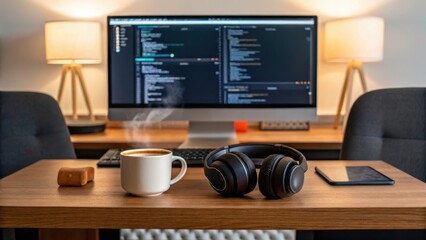 A cozy workspace featuring a steaming cup of coffee, headphones, and a computer displaying code, illuminated by warm lamp light.