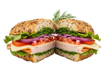 A gourmet turkey and provolone sandwich, precisely cut, revealing crisp green lettuce, red tomato, and onion on artisan multi-grain bread with dill, isolated on a transparent background. Appetizing