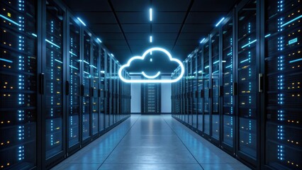 A sleek data center corridor showcasing server racks with illuminated cloud technology graphics overhead.