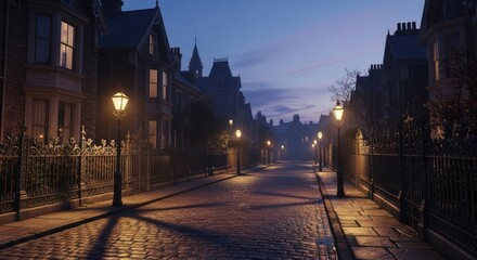 Enigmatic dusk streetscape evoking historical charm with ornate street lamps and stone pathways