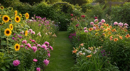 Lush garden path framed by vibrant sunflowers and colorful flowers outdoors