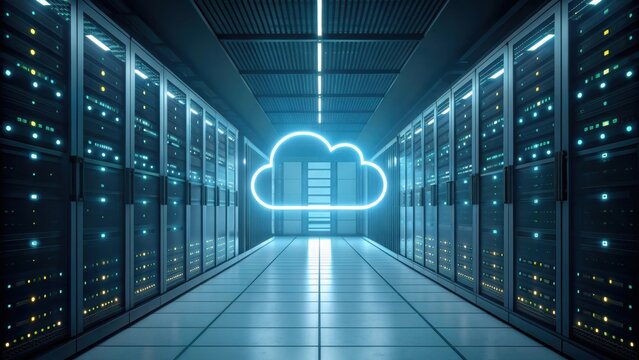 A futuristic data center with server racks and a glowing cloud symbol, representing cloud computing technology and data storage solutions.