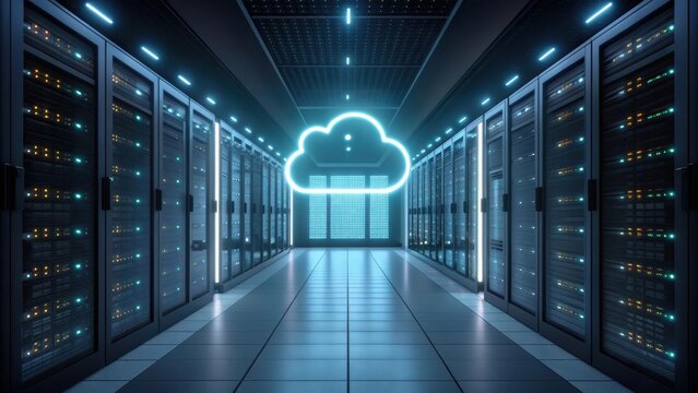 A futuristic server room featuring rows of sleek cabinets, illuminated by blue lighting and a prominent cloud symbol, representing cloud computing technology. - Powered by Adobe