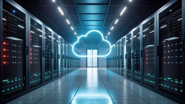 A futuristic server room with glowing cloud graphics, highlighting data storage technology and modern infrastructure.