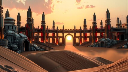 A majestic castle with elaborate architecture stands in a desert landscape as the sun sets, creating an ethereal atmosphere.