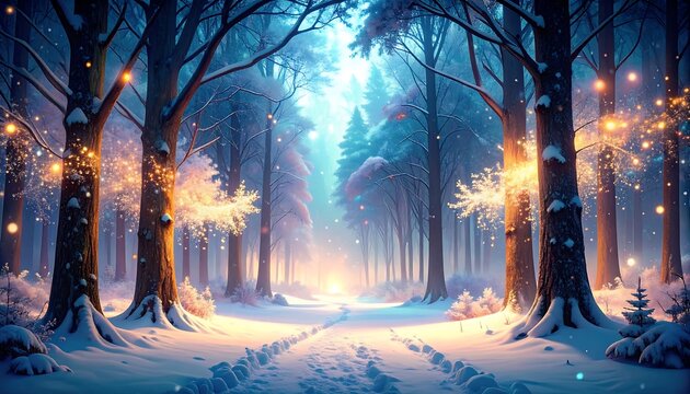 Snowy winter wonderland path. Magical forest