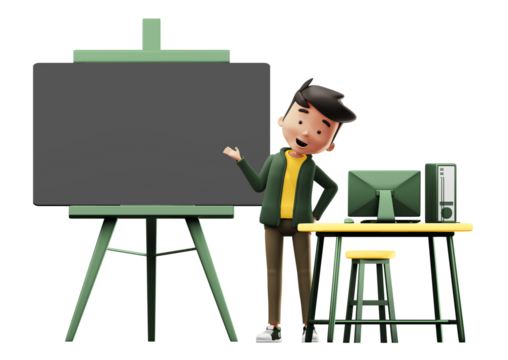 Cartoon Male Presenter in Yellow Jacket Stands Beside Blackboard with Computer Setup on Wooden Table with Transparent Background