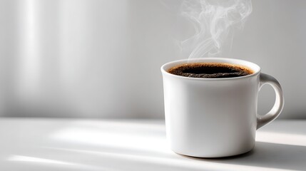 A steaming cup of black coffee on a white table in a bright setting