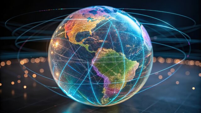 A glowing globe with intricate network lines symbolizes global connectivity and technology in a dark setting.