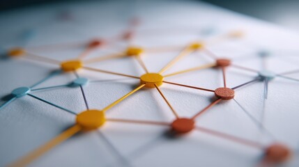 Network node connection node network connection hub link mesh topology abstract technology communication data system structure orange yellow blue shallow depth macro closeup paper pin circle model