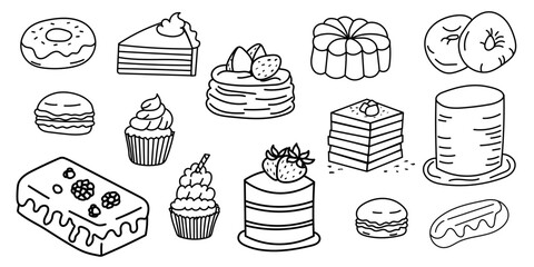 Hand drawn bakery doodle dessert set illustration
