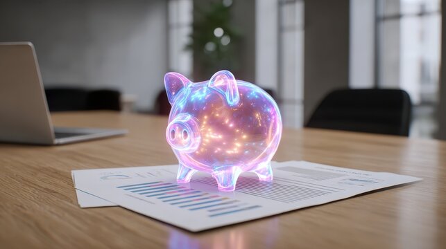 Glowing holographic piggy bank floating hologram savings concept with light particles on financial chart in office