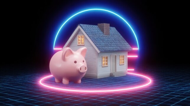 Piggy bank next to small house with neon ring and holographic arch creating futuristic saving and mortgage concept, cozy lighting and retro grid floor glow