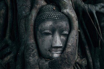 Tree Roots Buddha Head Ayutthaya Thailand Temple Ancient Ruins Buddhist Religion Spiritual Sacred Historical Heritage Tourism Travel Archaeological
