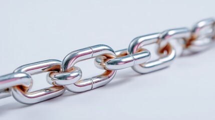 Obraz premium Polished metal chain link close up, macro photo of interlocked metal link with reflective surface and shallow depth of field showing texture and light