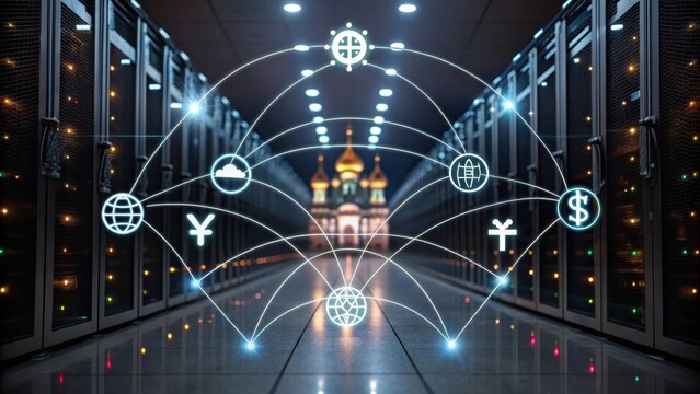 A digital representation of a data center with interconnected symbols for currency and global networks, juxtaposed against an architectural backdrop.
