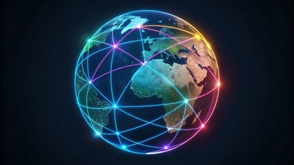 A digital representation of Earth connected by colorful lines, symbolizing global connectivity and technological networks.