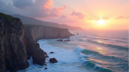 Majestic coastal cliffs bathed in the soft glow of a pastel sunset, with powerful ocean waves crashing against the rocky shore under a serene sky.