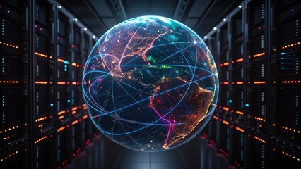 A digital globe representing global connectivity, surrounded by server racks, showcasing the intersection of technology and data management.