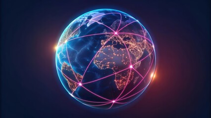 A glowing globe interconnected with vibrant networks of light, symbolizing global connectivity and digital communication.