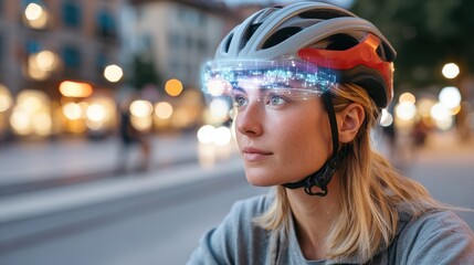 Young cyclist wearing helmet with transparent smart visor displaying city navigation and data overlay, evening urban street scene with bokeh lights and focused thoughtful expression