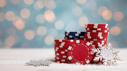 Red poker chip stack and scattered chips with glitter snowflake decoration on snowy tabletop evoke festive casino night and holiday celebration