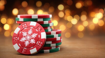Red poker chip with snowflake design and stacked red and green chips on wooden table with warm bokeh lights, festive gambling scene with holiday theme