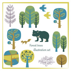 森の木々とツキノワグマ、リス、鳥の北欧風イラストセット