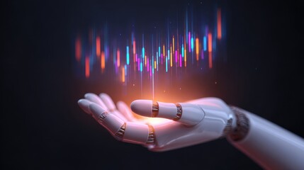 Robotic hand holding glowing holographic stock chart with colorful vertical bars and warm light, futuristic finance technology visualization and digital data display, abstract innovation