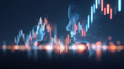Futuristic ai face digital profile stock chart neon candlestick data visualization financial technology holographic portrait market analysis