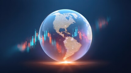 Globe with glowing dotted map and floating holographic financial chart candles conveying global market data and dynamic trading sentiment in futuristic blue atmosphere