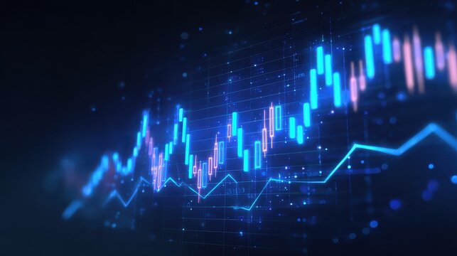 Futuristic digital stock market hologram showing glowing blue candlestick chart and rising line graph with bokeh particle light, tech atmosphere and dynamic financial motion feeling