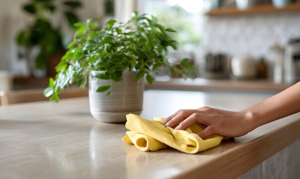 Wide shot of bright modern kitchen, person cleaning counter with cloth, natural sunlight, 