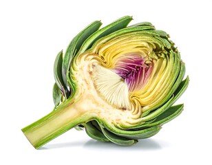 Close-up of a cut artichoke, showcasing its intricate layers and vibrant colors
