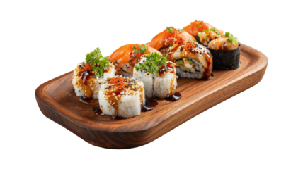Tasty sushi food on a wooden board isolated on a white background